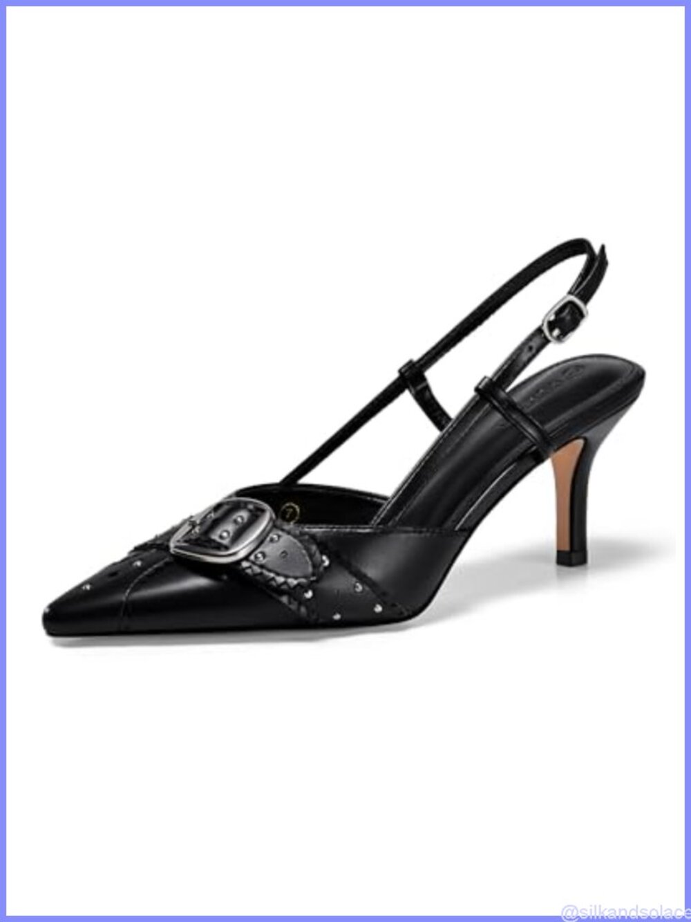 Kitten Heels Slingback Studded Buckle Pointed Toe Leather Pumps